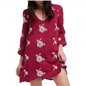free people embroidered austin mini dress Free People Embroidered Austin Dress Berry Purple & White Long Sleeve Mini Small